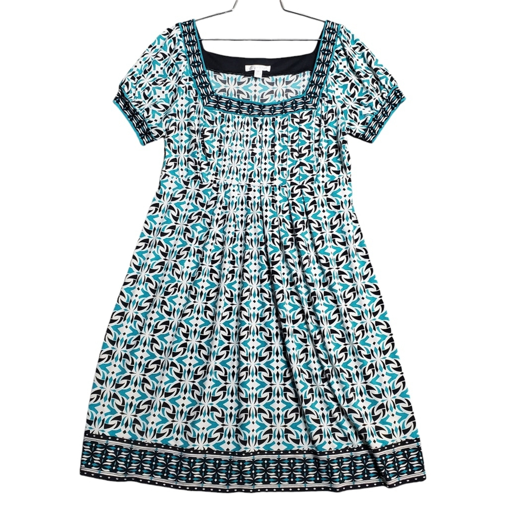 Babydoll Dress Y2K Pleated Geometric All Over Print Square Neck Turquoise Sz 12